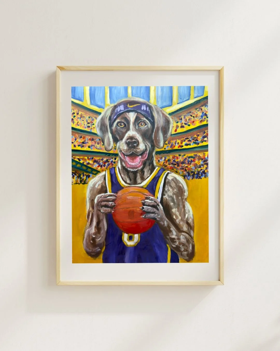 12.jpg Original oil painting of a happy brown dog wearing a purple and gold basketball jersey and headband, holding a basketball in its paws with a crowded, colorful sports stadium in the background.