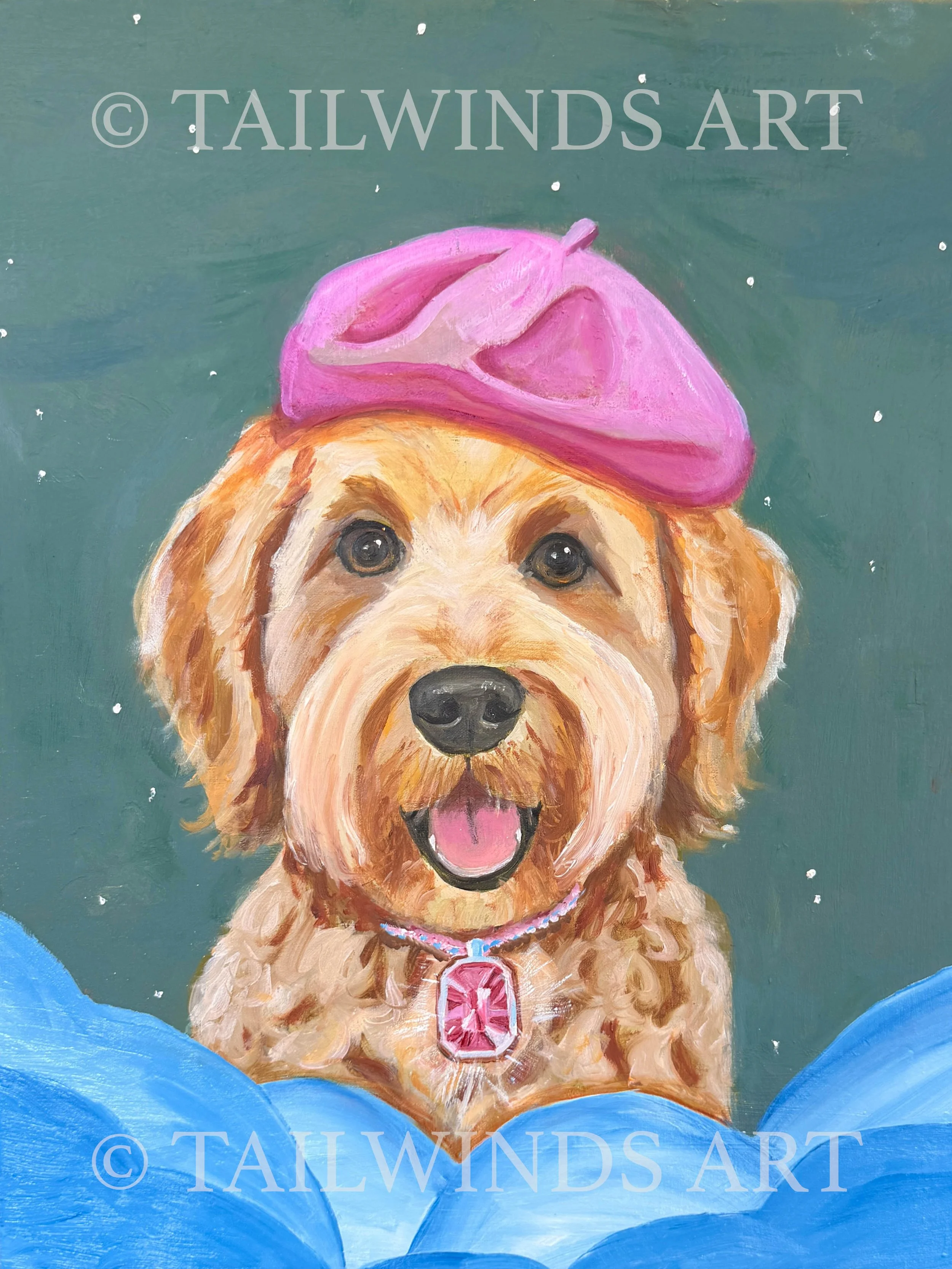 Original oil painting of a fluffy golden dog smiling with its tongue out, wearing a bright pink beret and a large pink gemstone collar