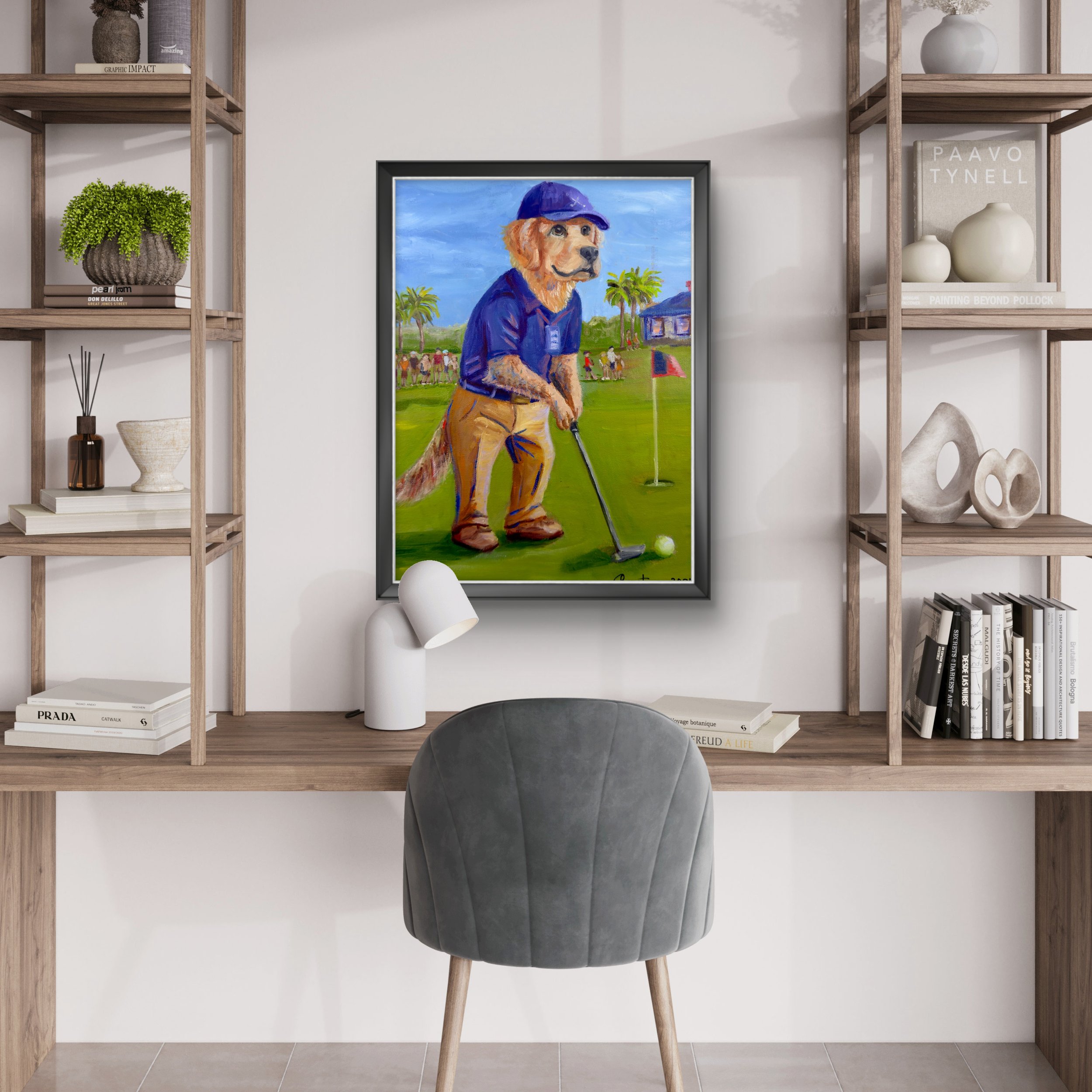 Original oil painting of a Golden Retriever dog wearing a blue polo shirt and khaki pants, putting a golf ball on a green with palm trees and a crowd in the background.