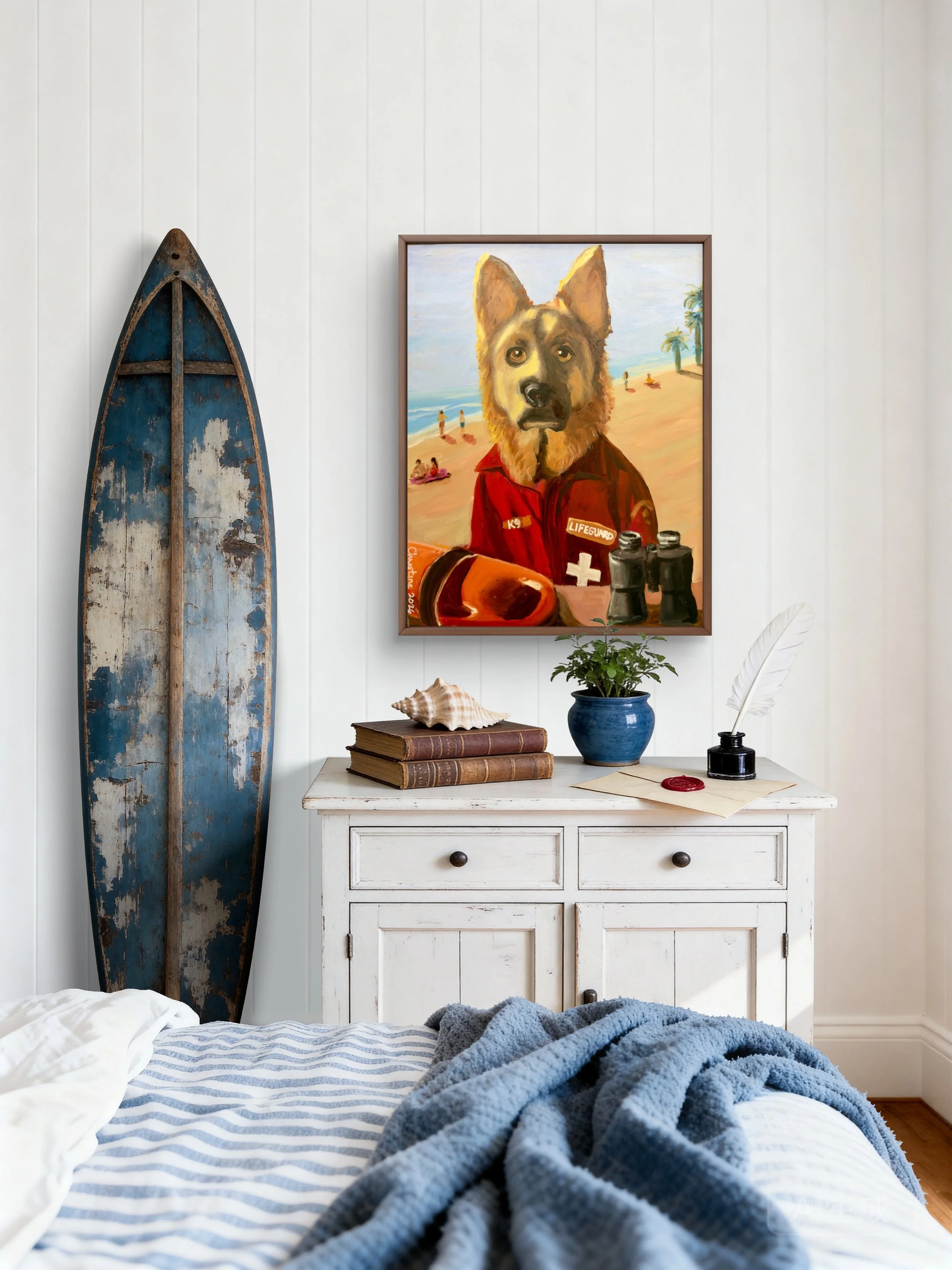 Original oil painting or prints of a German Shepherd dog dressed as a lifeguard on a sunny beach. The dog is wearing a red jacket with K9 and Lifeguard patches and a white cross.