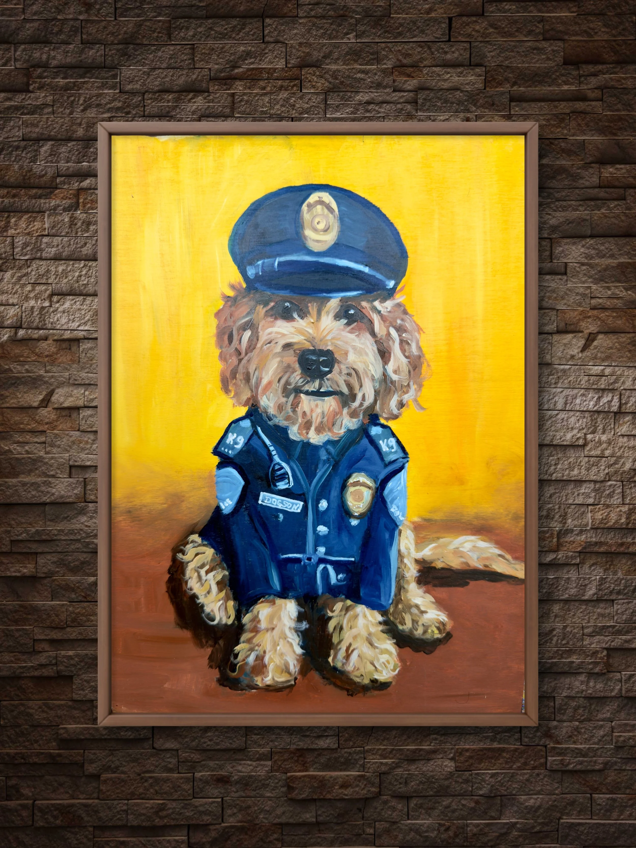 Original oil painting of a fluffy golden dog sitting and dressed as a police officer against a bright yellow and orange background. The