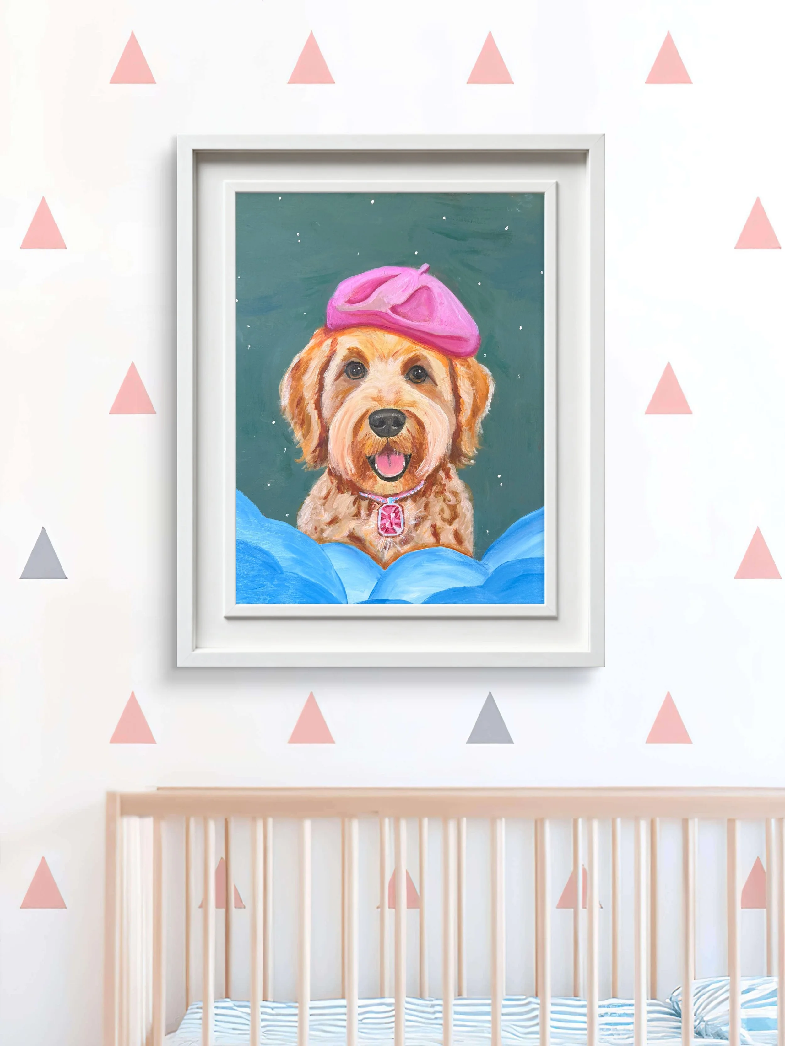 Original oil painting of a fluffy golden dog smiling with its tongue out, wearing a bright pink beret and a large pink gemstone collar