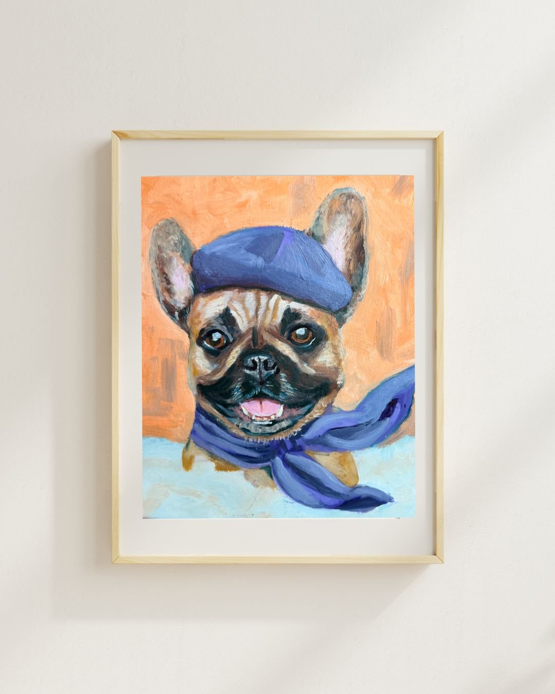 Original oil painting of a smiling fawn French Bulldog wearing a tilted purple beret and a matching purple scarf tied around its neck.