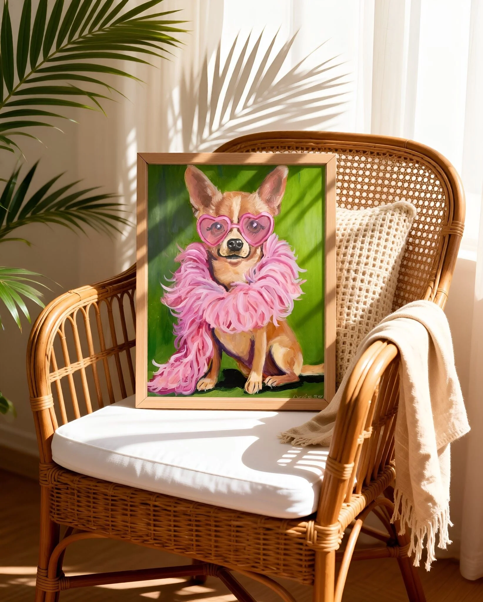 Original oil painting of a brown Chihuahua dog sitting against a vibrant green background. The dog is wearing large pink heart-shaped sunglasses and a thick, fluffy pink feather boa.