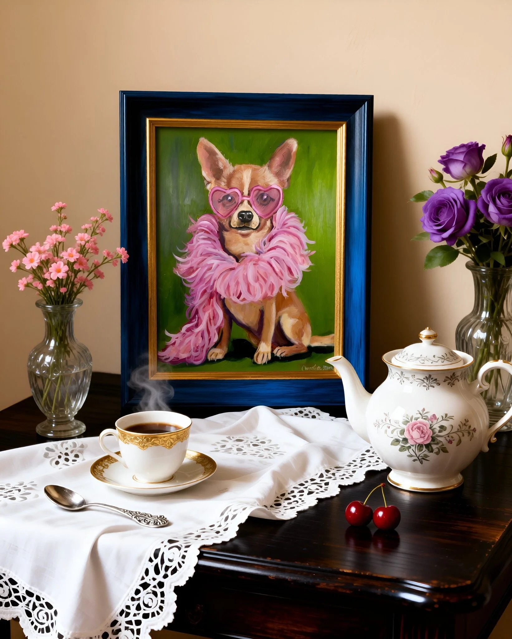 Original oil painting of a brown Chihuahua dog sitting against a vibrant green background. The dog is wearing large pink heart-shaped sunglasses and a thick, fluffy pink feather boa.