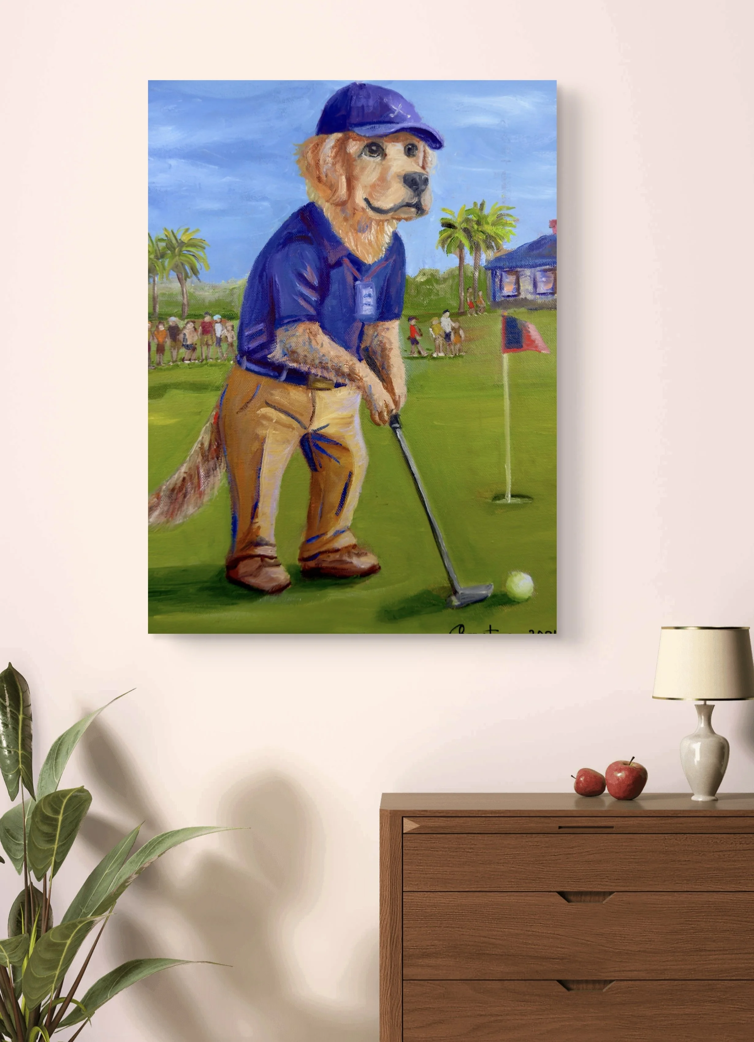 Original oil painting of a Golden Retriever dog wearing a blue polo shirt and khaki pants, putting a golf ball on a green with palm trees and a crowd in the background.