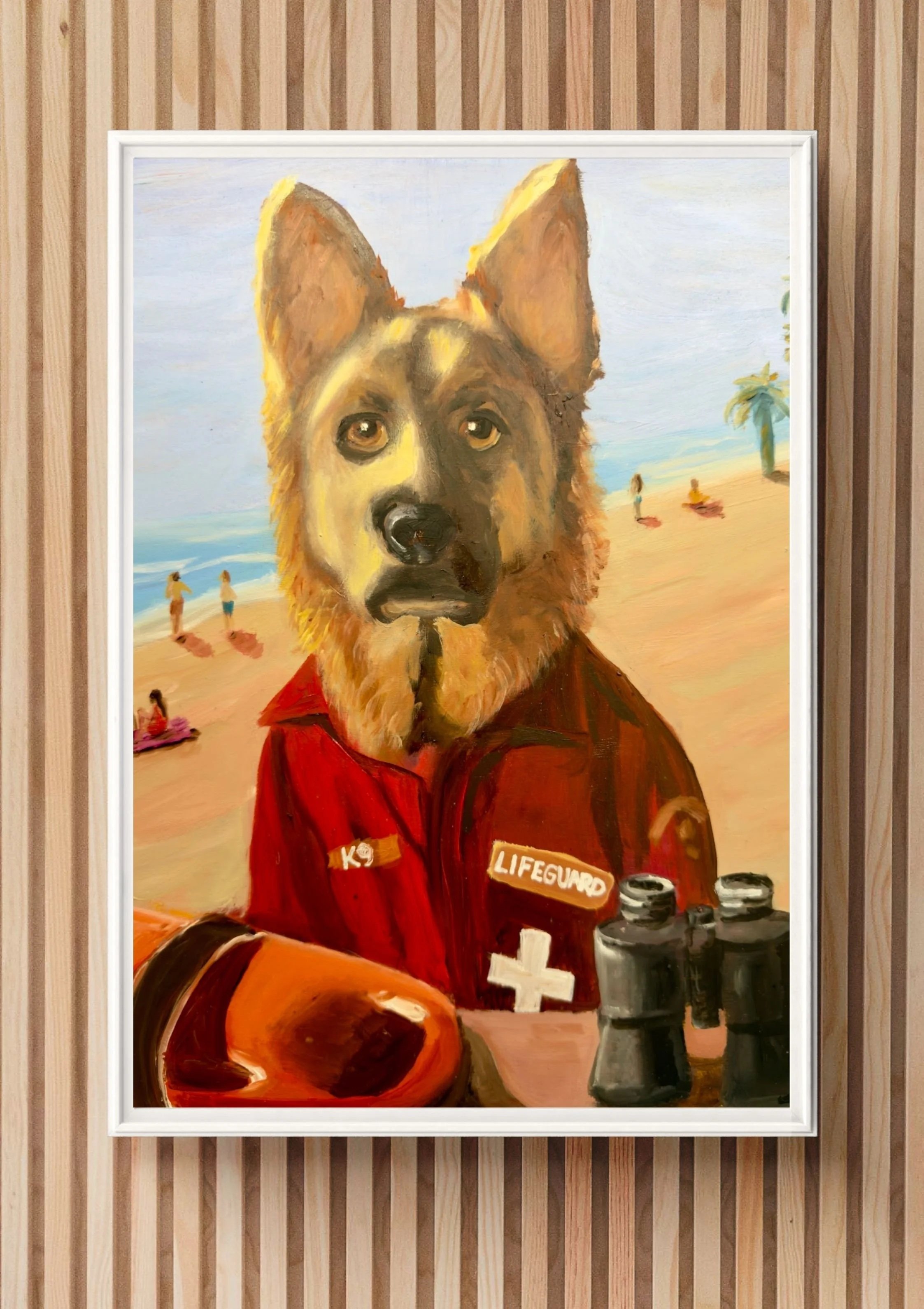 Original oil painting or prints of a German Shepherd dog dressed as a lifeguard on a sunny beach. The dog is wearing a red jacket with K9 and Lifeguard patches and a white cross.