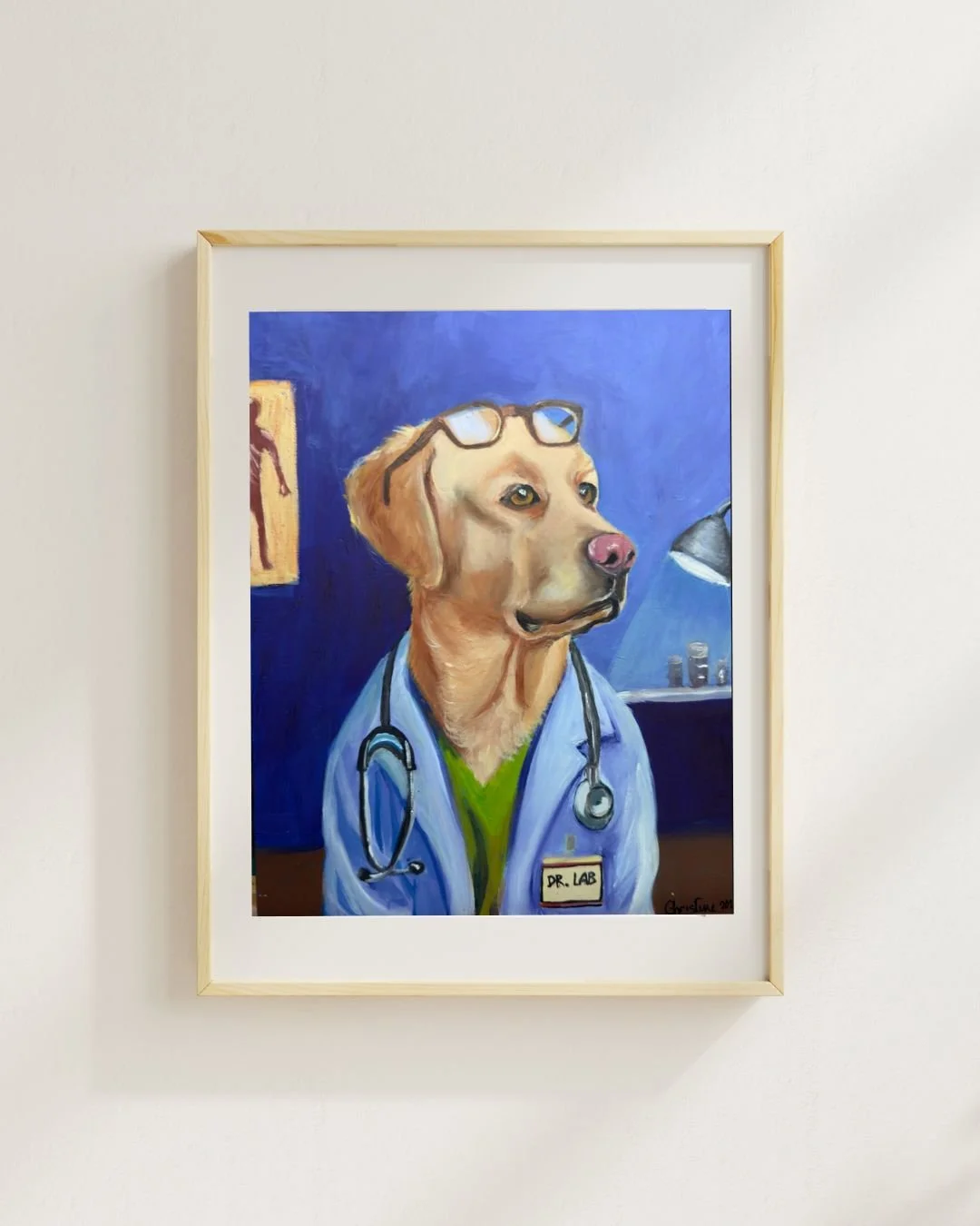 Original oil painting of a Yellow Labrador dog dressed as a doctor, wearing a light blue lab coat.