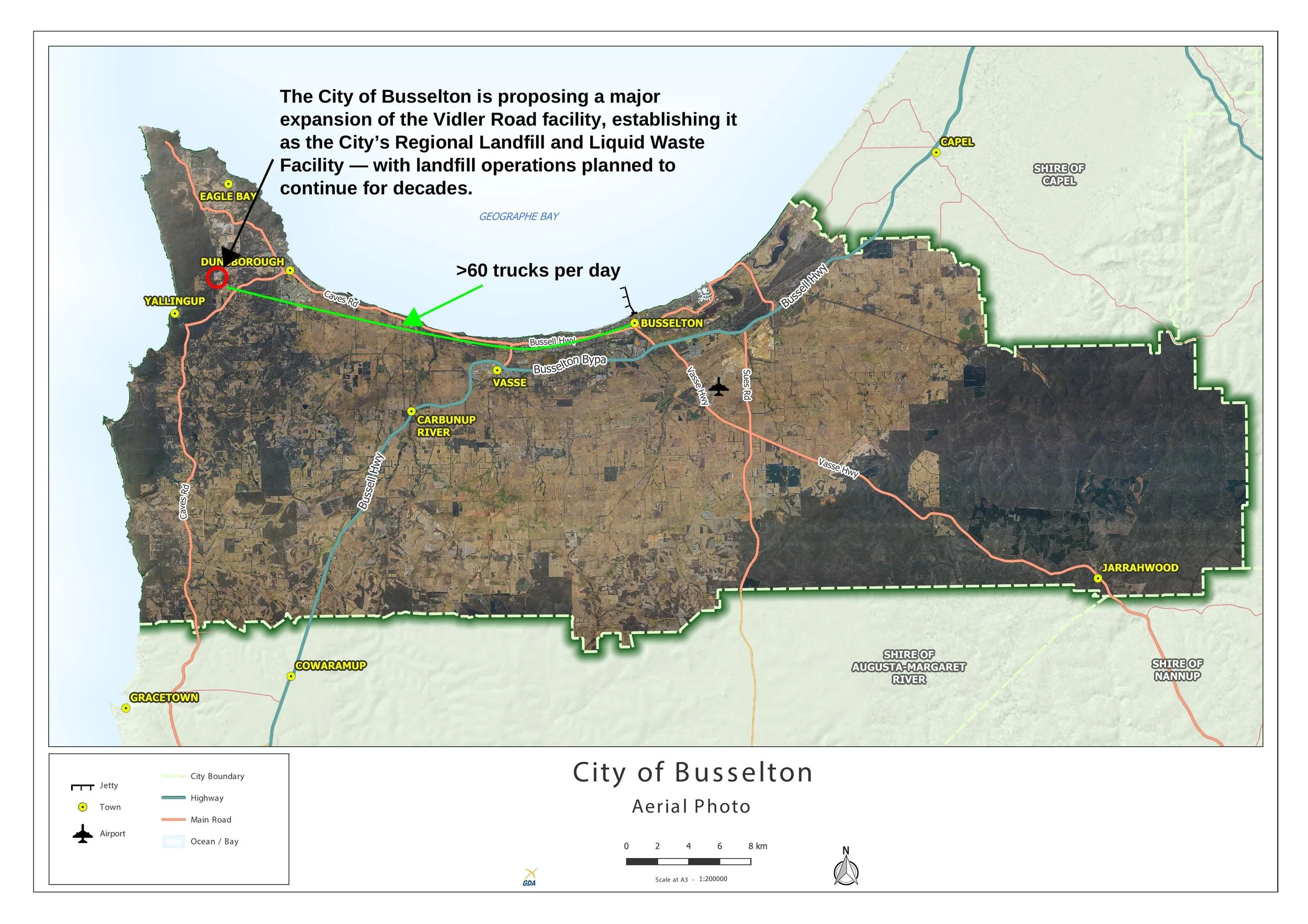 Aerial map of the City of Busselton, showing roads, towns, jetty, airport, and ocean. Key locations marked include Eagle Bay, Yallingup, Dunsborough, Vasse, Carbunup River, Grace Town, Cowaramup, Jarradwood, Busselton, and Capel. The map highlights a proposed expansion of the Vidler Road facility with over 60 trucks per day. The legend indicates jetty, town, airport, main roads, highway, city boundary, and ocean/ bay.