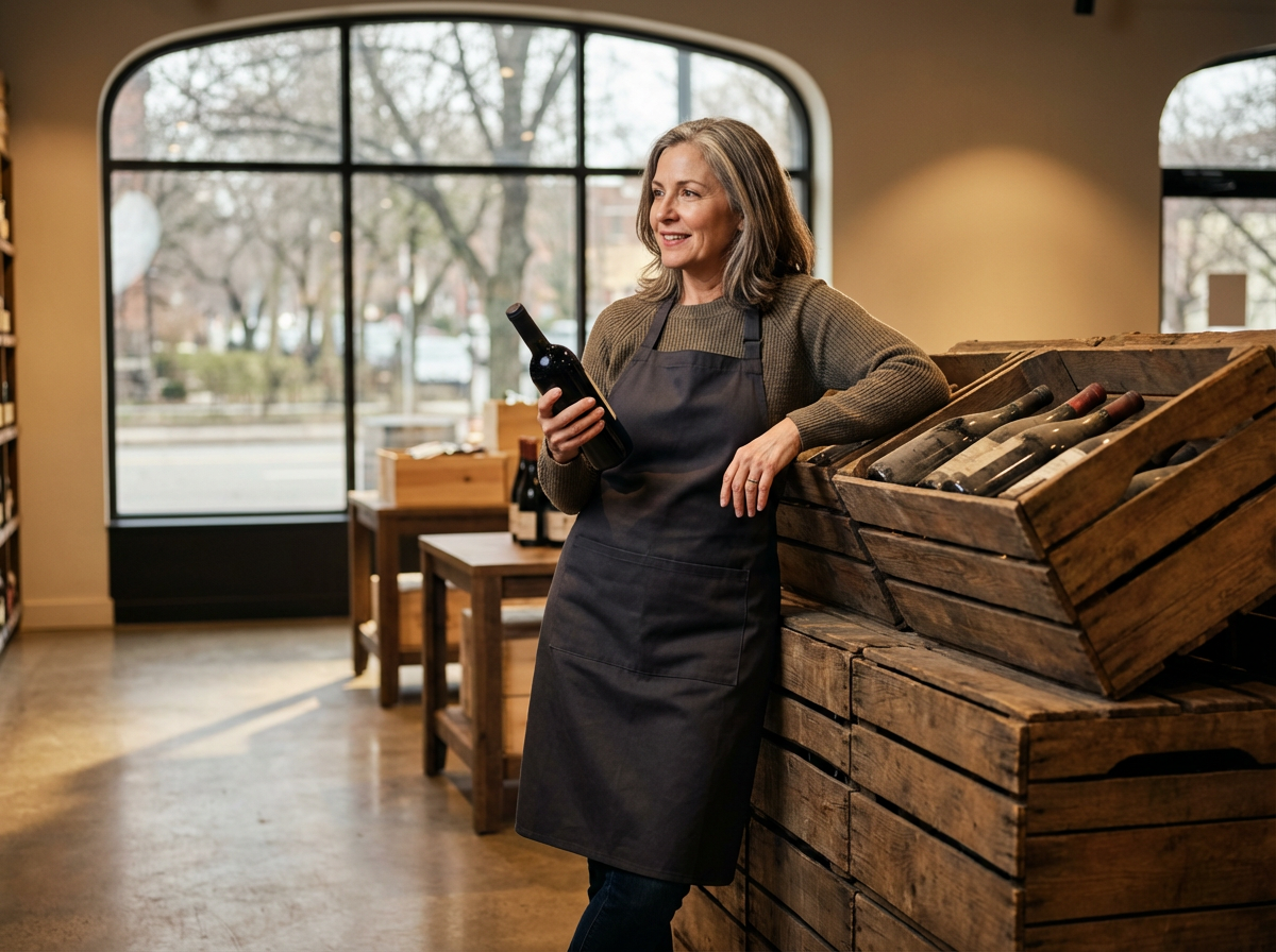 A woman with gray hair wearing a brown sweater and black apron, holding a wine bottle, standing inside a wine shop next to wooden crates filled with wine bottles.