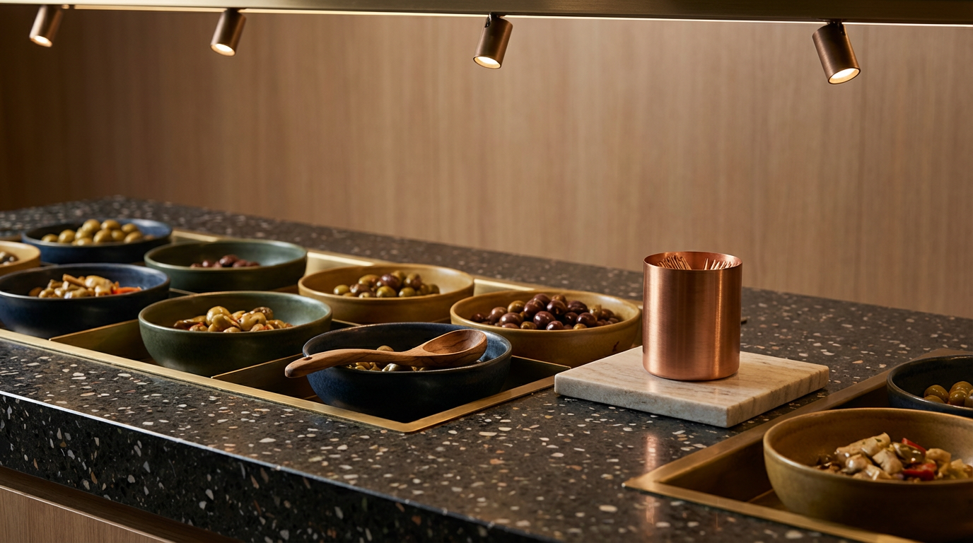 A buffet counter with various bowls of olives, some with tongs and spoons, under warm overhead lighting.