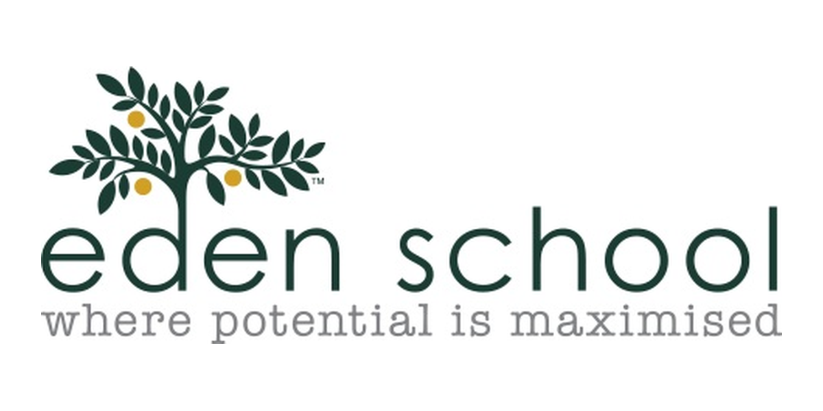 Logo for Eden School with green tree and yellow fruits, and the tagline "where potential is maximised".