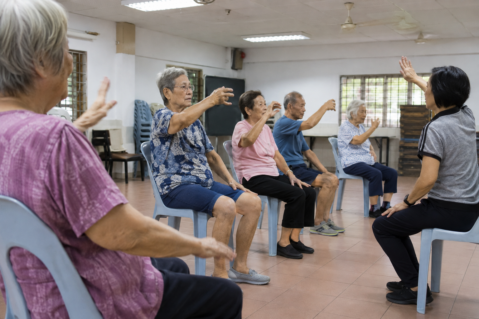 Older adults participating in a seated exercise or stretching class led by an instructor in a community room.