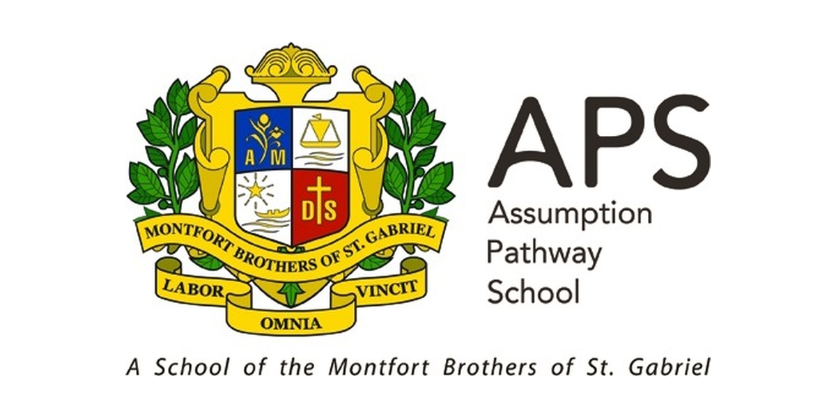 The logo of the Montfort Brothers of St. Gabriel featuring a shield with symbolic icons and Latin motto, alongside the acronym APS and the words 'Assumption Pathway School' and 'A School of the Montfort Brothers of St. Gabriel'.
