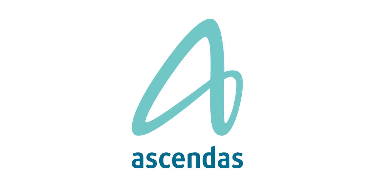 Logo with a stylized letter 'A' in teal above the word 'ascendas' in dark blue.