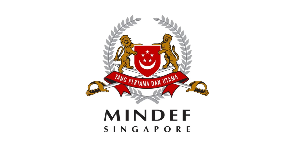 Logo of the Ministry of Defence Singapore with two lions holding a shield and ribbon, with the text 'YANG PERTAMA DAN UTAMA' and 'MINDEF SINGAPORE'.