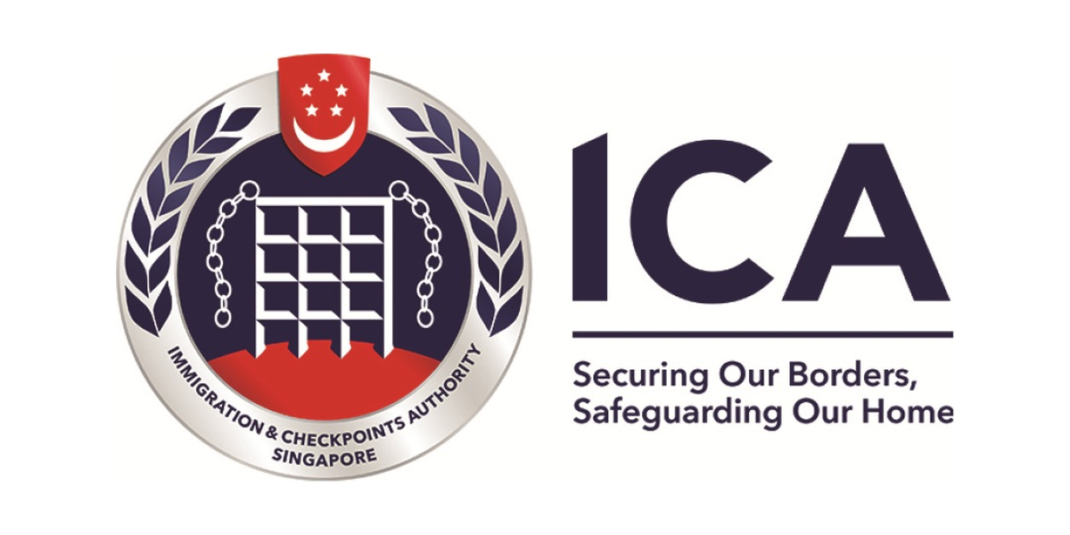 Logo of the Immigration & Checkpoints Authority of Singapore featuring a shield with stars, crescent moon, and chains, with the text 'ICA' and the slogan 'Securing Our Borders, Safeguarding Our Home'.