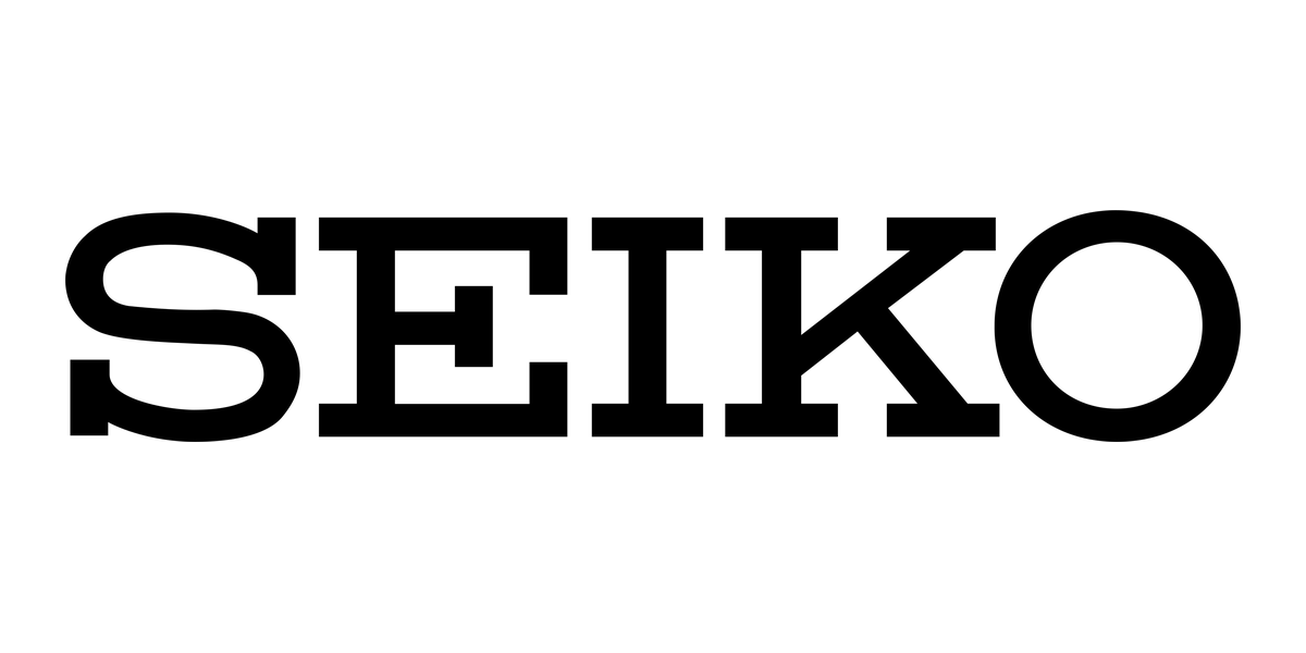 Black Seiko logo upside down on white background.