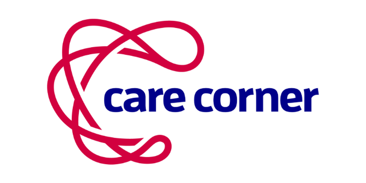 Care Corner logo with a red interconnected loops design and blue text.