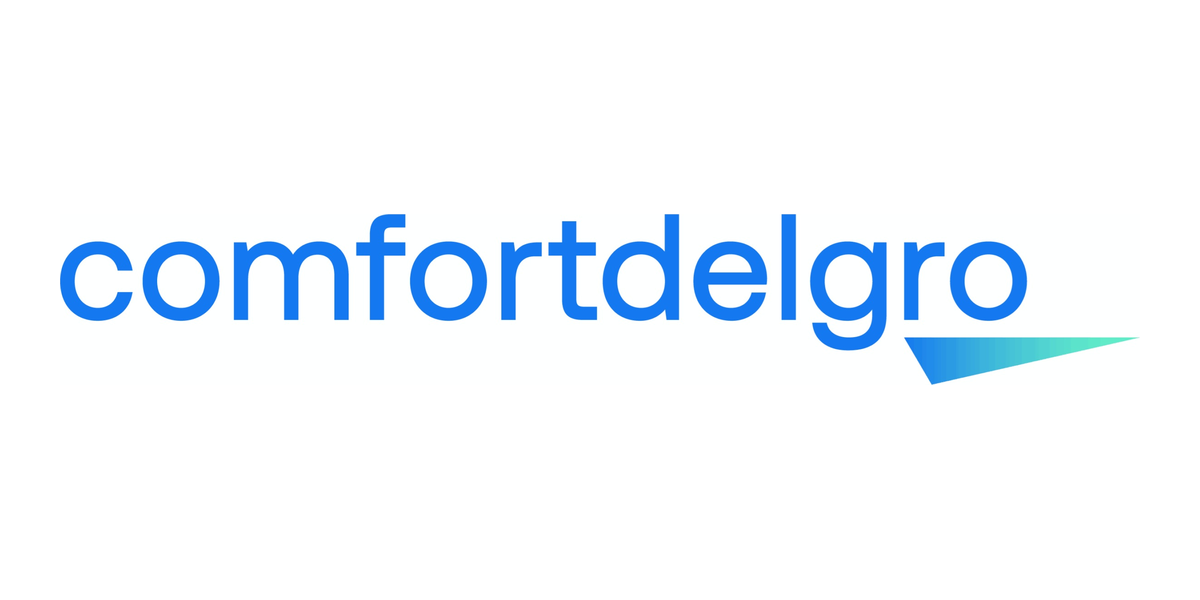 ComfortDelGro logo in blue font with a geometric shape design.