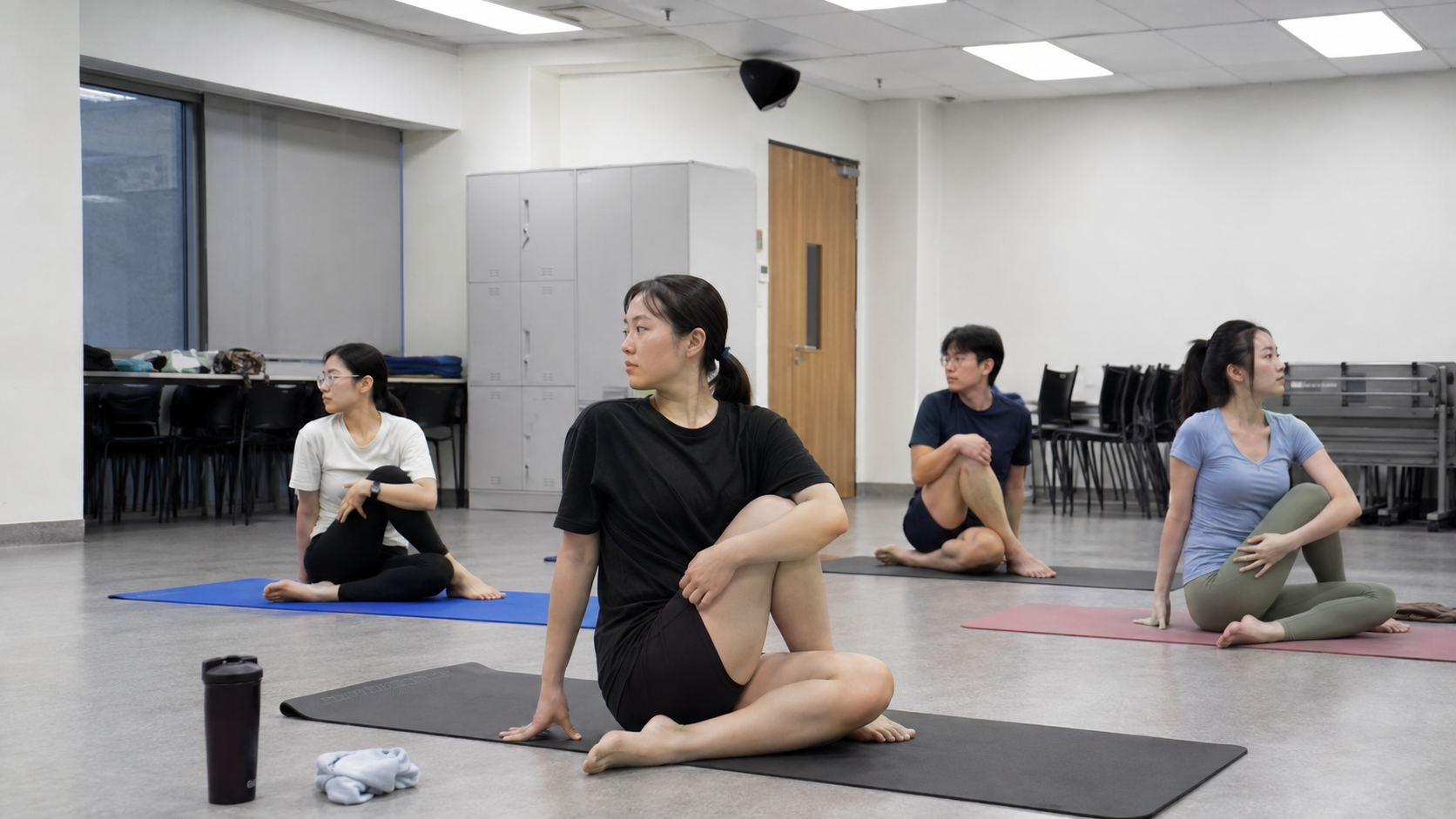 Four people participating in a yoga class, sitting on mats and stretching in a room with lockers and chairs.