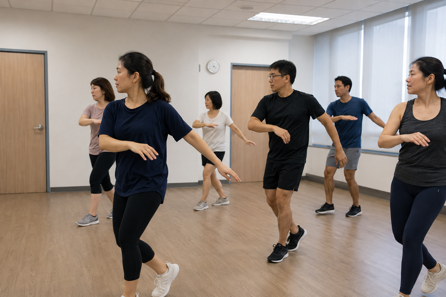 Group of people practicing dance moves or aerobic exercises indoors in a fitness class.