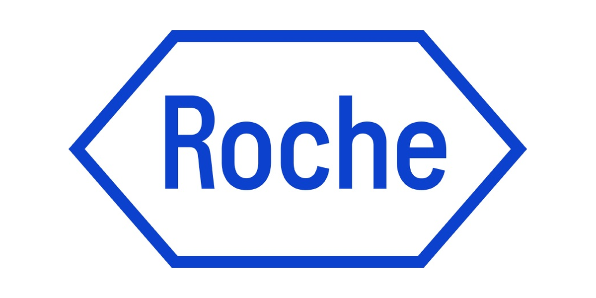 Blue outlined hexagon with the word "Roche" written inside in blue letters.