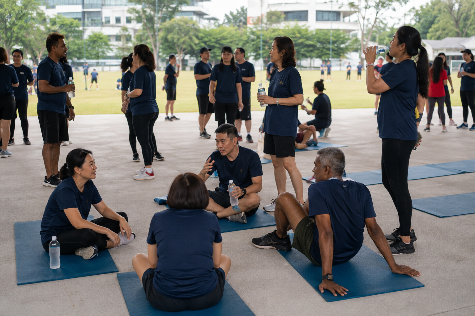 Group of people participating in a fitness activity indoors, with some standing and others sitting on yoga mats, holding water bottles, and engaging in conversation or stretching