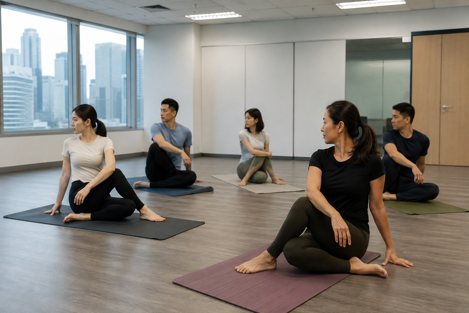 Five people practicing yoga in a bright, spacious studio with large windows and a city view.