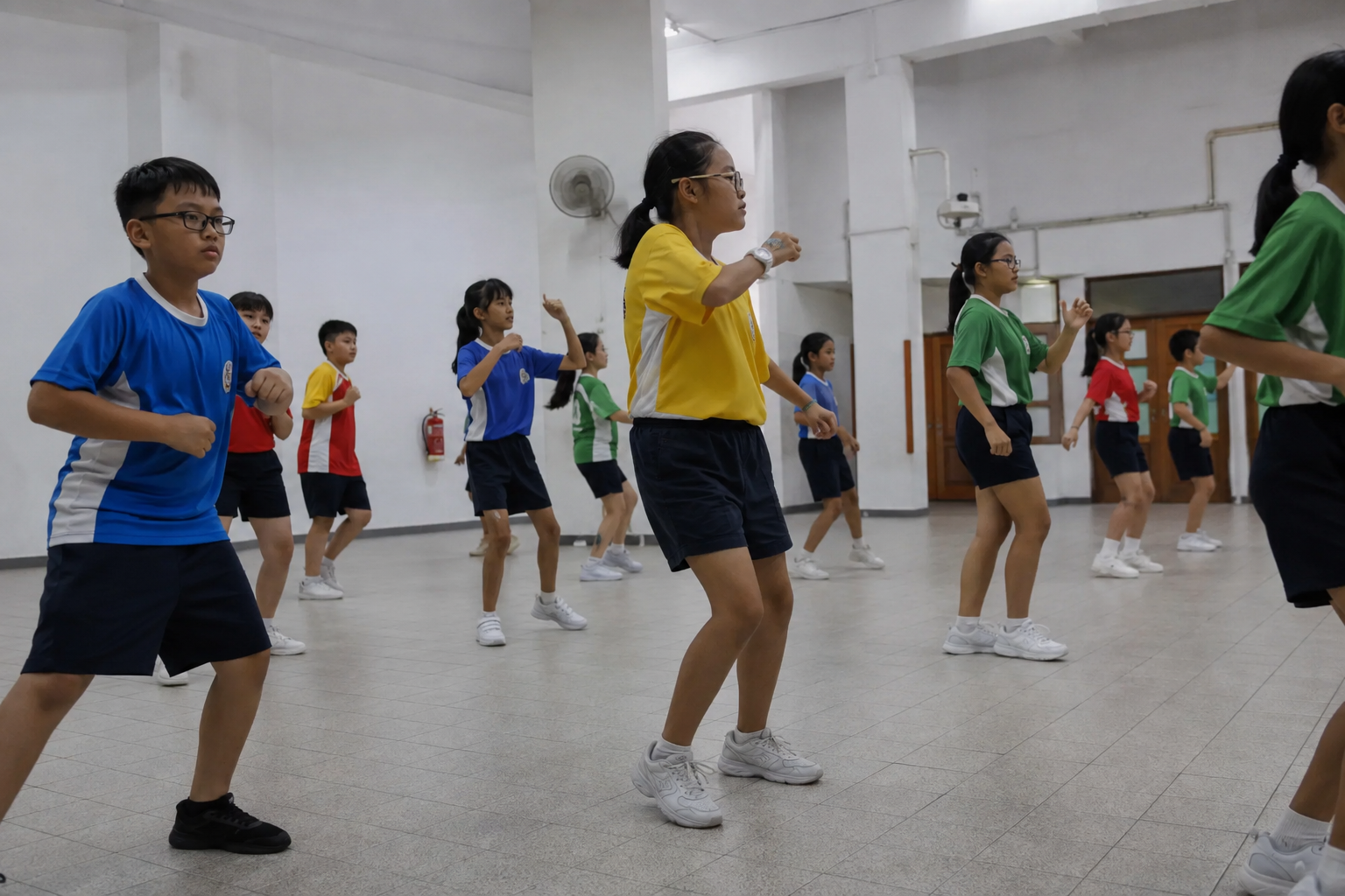 Children and a young woman in colorful sports uniforms participating in a dance or exercise session indoors.