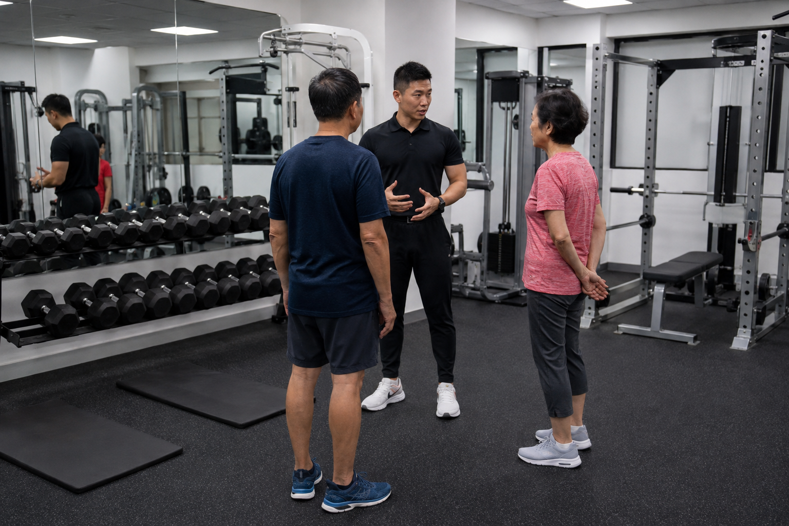 A fitness trainer advising two older women in a gym with various workout equipment and dumbbells.
