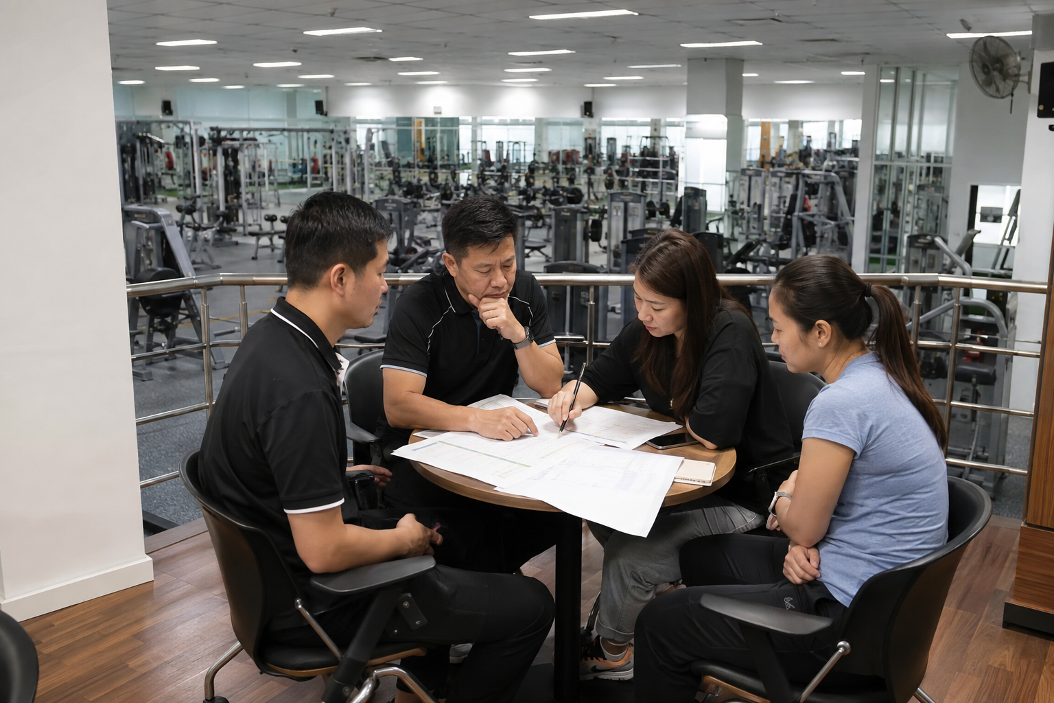 Four people sit around a table discussing documents inside a gym or fitness center.