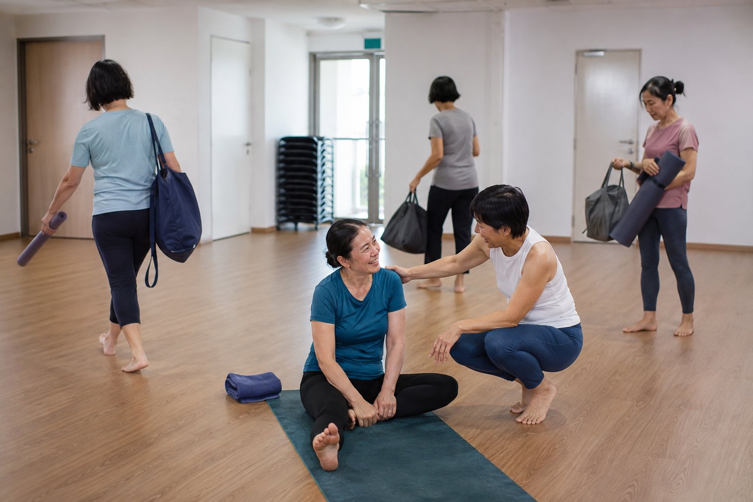 Women at a fitness class, with one sitting on the mat and smiling as another woman crouches beside her, touching her shoulder, in a spacious room with wooden floors and minimal decor.