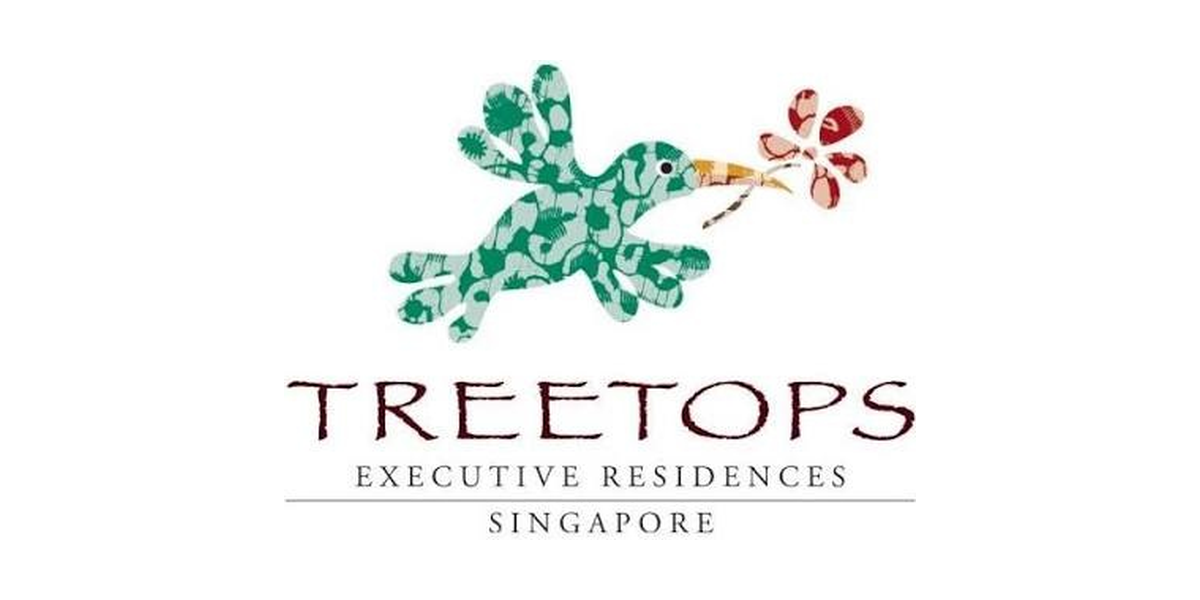 Logo for Treetops Executive Residences in Singapore featuring a stylized green gecko with a red and pink flower in its mouth.