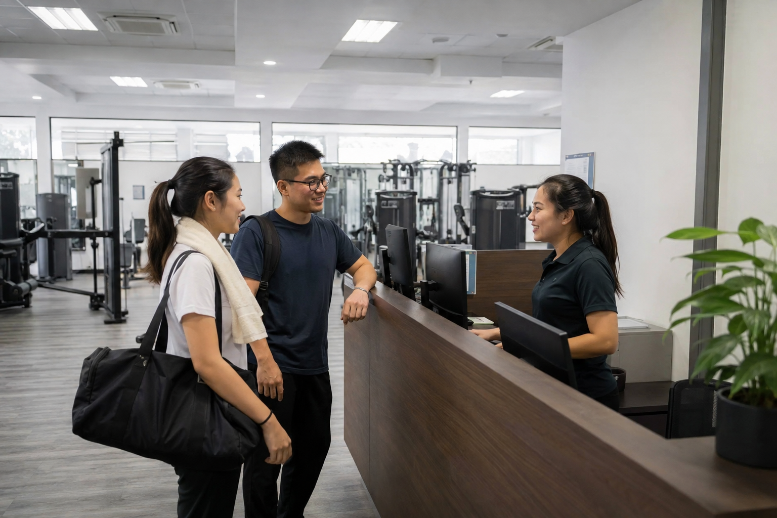 Two women and one man checking in at a gym reception desk.