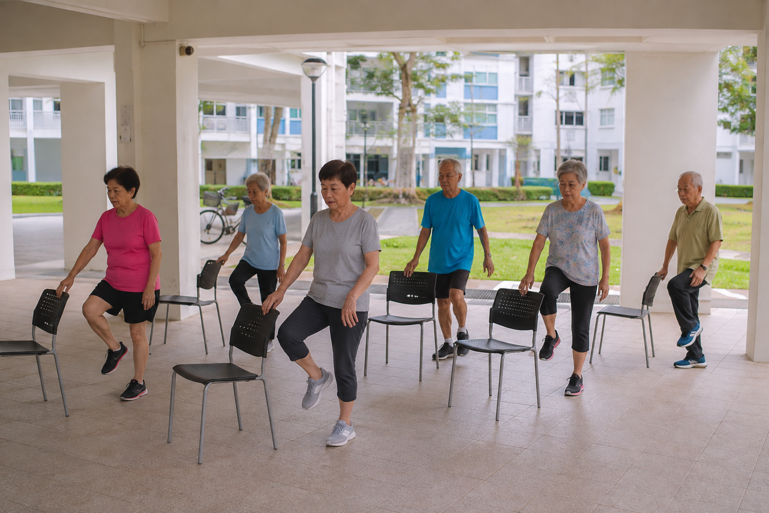 Elderly people exercising outdoors with chairs under a pavilion, doing leg lifts, in a residential complex