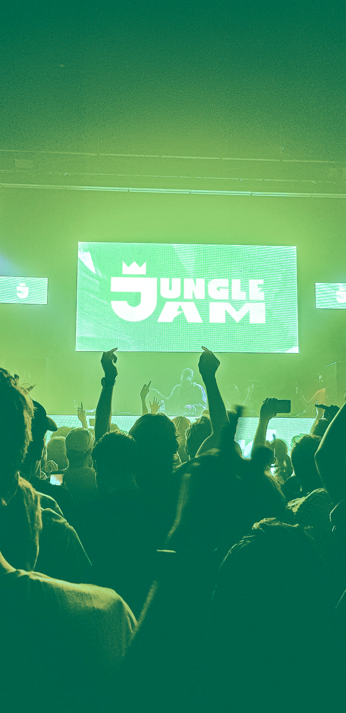 Crowd at a music concert with raised hands and a DJ on stage. Large screen displays 'Jungle Jam' logo with a crown symbol.