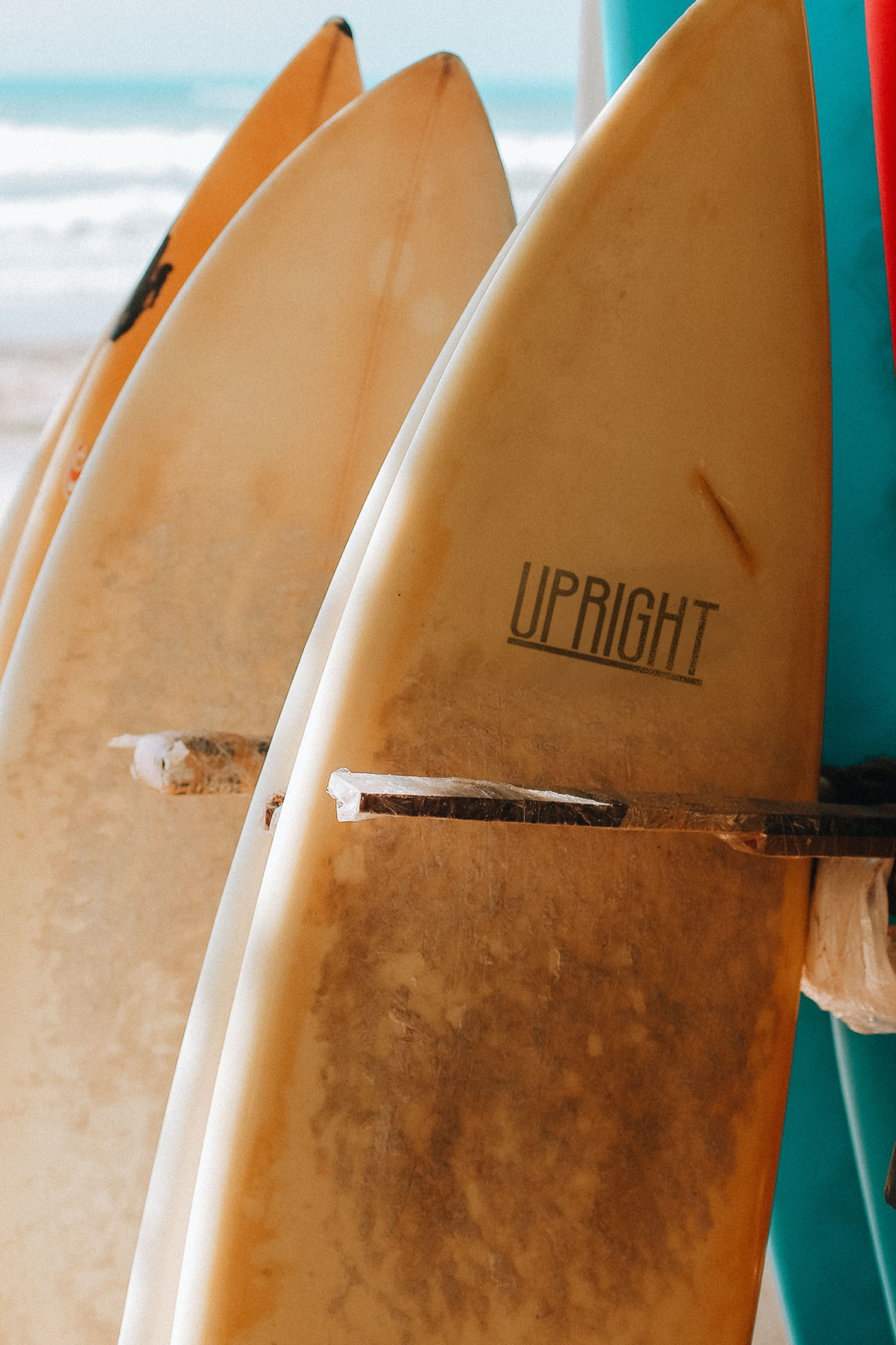 Close-up of multiple surfboards standing upright on a shore, with one displaying the word "UPRIGHT" on it, in front of a beach and ocean background.