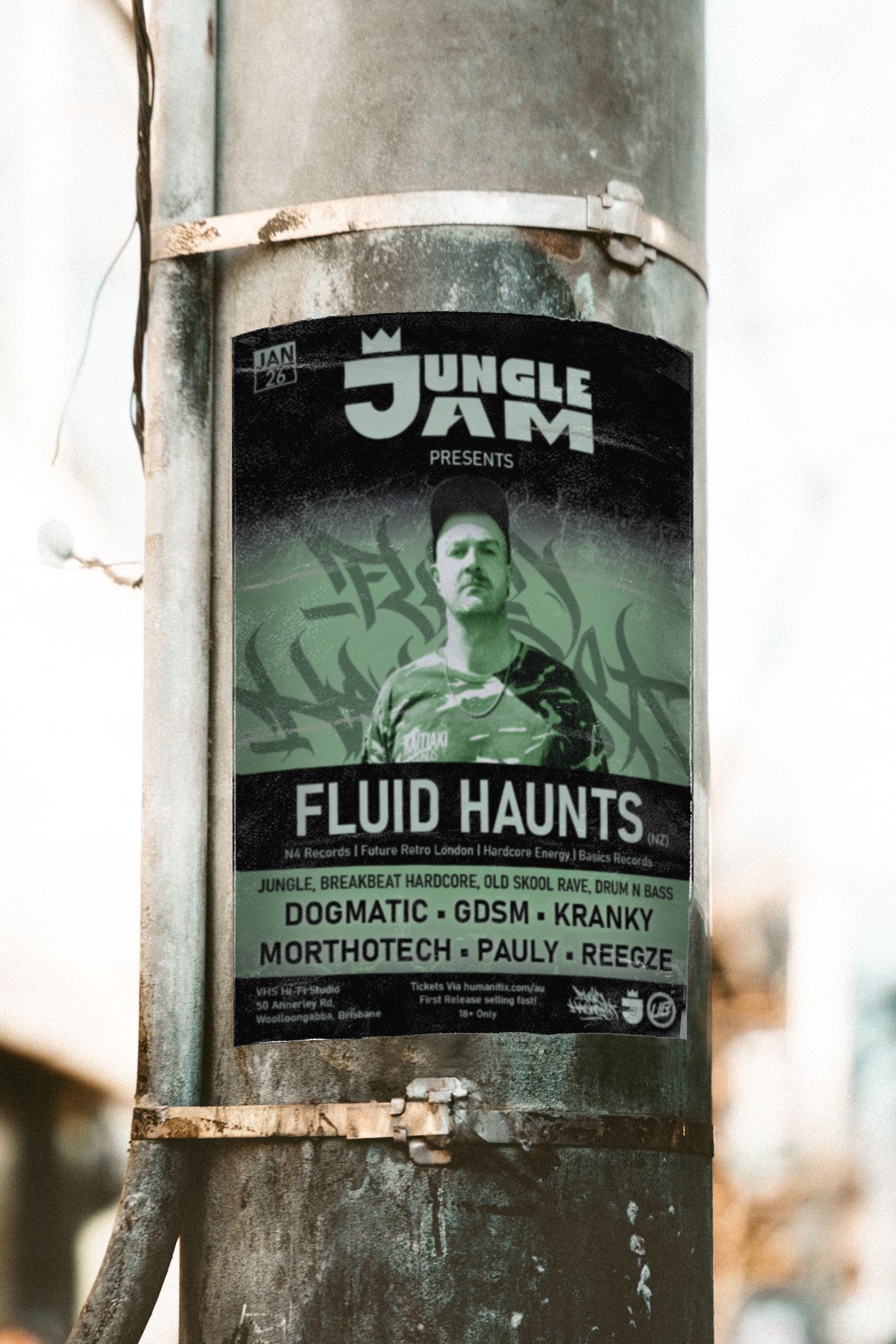 Flyer advertising an event called Jungle Jam presenting Fluid Haunts, scheduled for January 26 at a venue in Brisbane. The event features genres like jungle, breakbeat hardcore, old skool rave, drum n bass, with artists Dogmatic, GDSM, Kranky, Morthotech, Pauly, and Reegze. The flyer includes details about ticket sales and age restrictions.