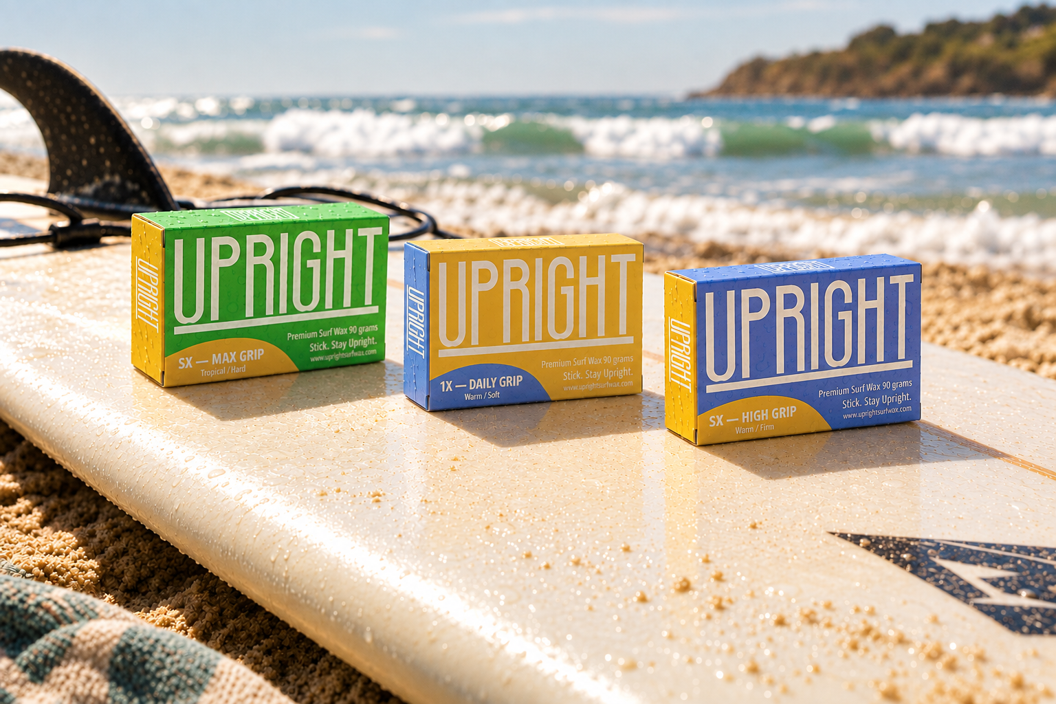 Three boxes of Upright surf waxes in green, yellow, and blue packaging placed on a surfboard on the beach with ocean waves and a distant landmass in the background.