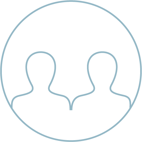 Outline of two human heads facing each other inside a circle.