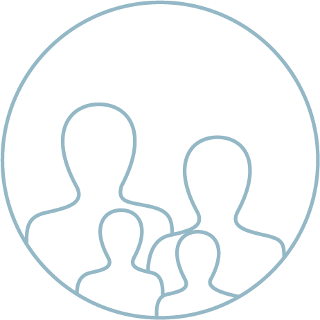 Outline of four human figures inside a circle, representing a group or community.