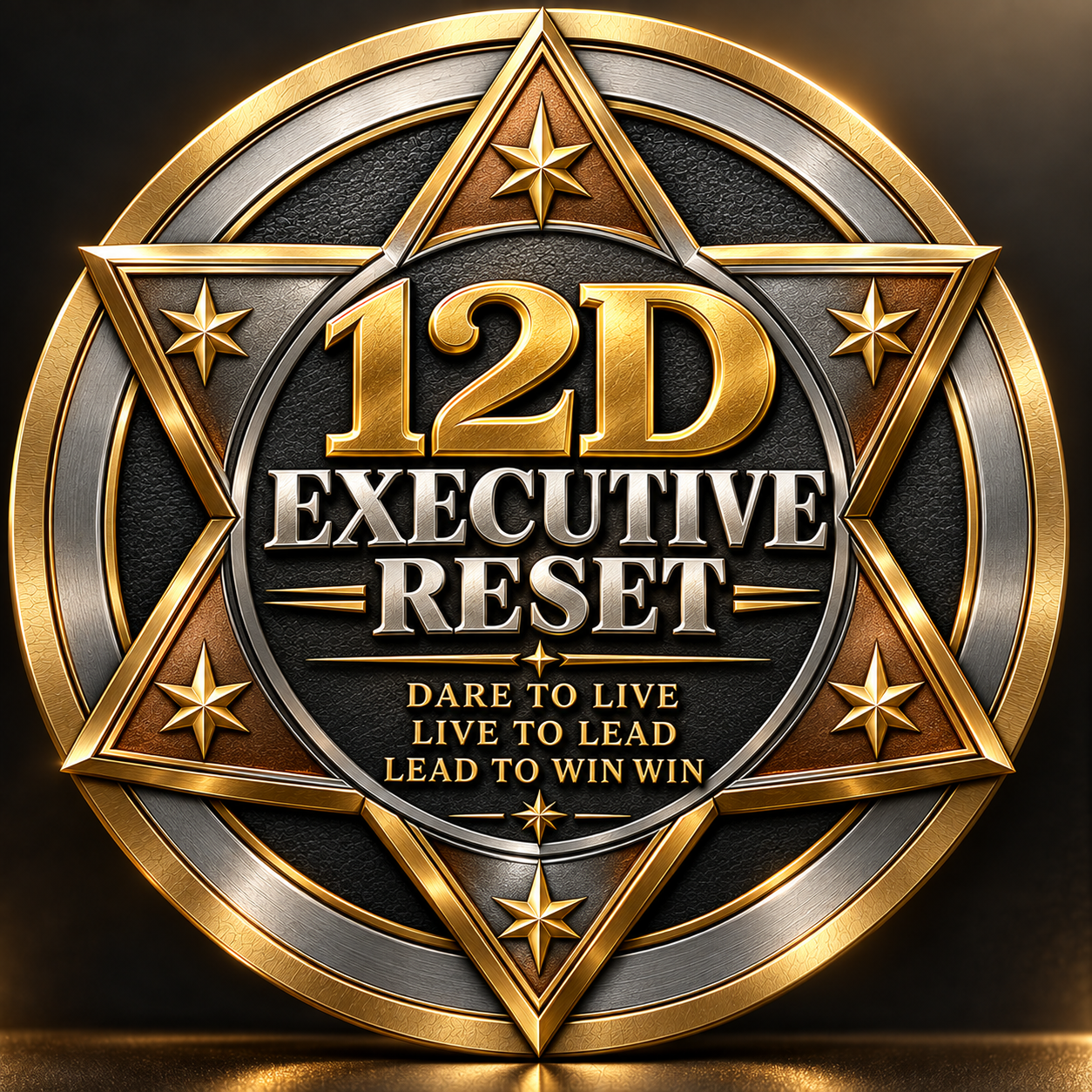 Gold and silver emblem with text '12D Executive Reset,' featuring star and geometric designs, and the phrases 'Dare to Live, Live to Lead, Lead to Win'.