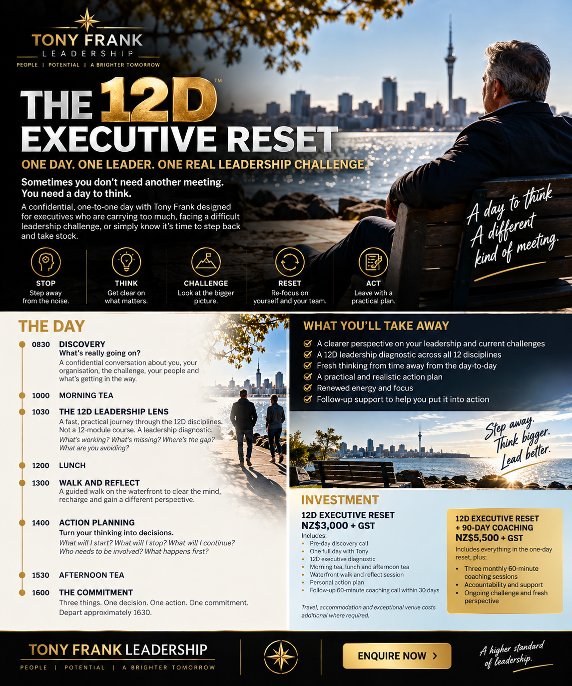A promotional flyer for Tony Frank Leadership's 12D Executive Reset at a waterfront, showing a city skyline with a man sitting on a bench and a group walking, with details of the schedule, activities, and investment options.