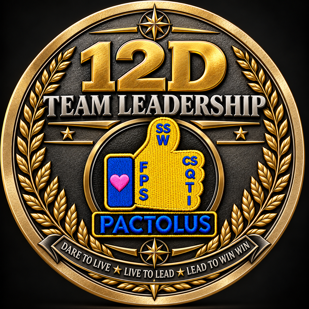 A circular badge with a gold border and black background, featuring a large gold '12D' and 'Team Leadership' text in silver, with a embroidered patch of a yellow thumbs-up with blue and pink lettering and symbols inside. The badge includes gold laurel leaves and stars, and a banner at the bottom with the phrases 'Dare to Live,' 'Live to Lead,' and 'Lead to Win.'