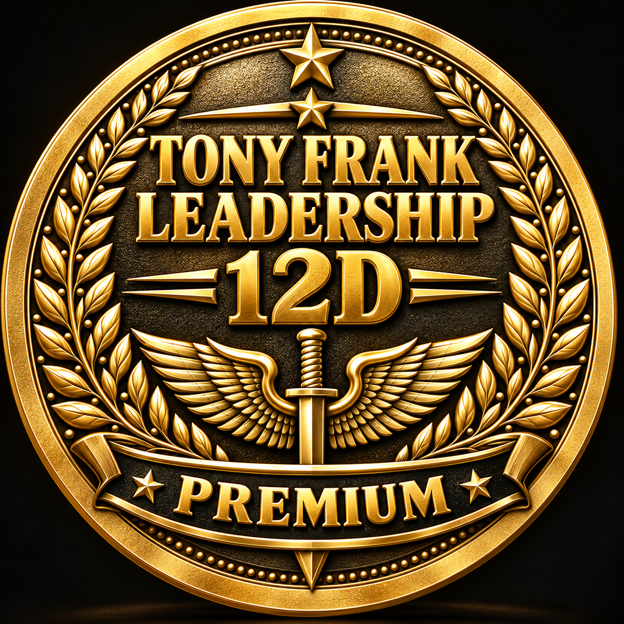 Gold and black circular emblem with laurel wreath, a sword with wings, and stars. Text reads 'Tony Frank Leadership 12D Premium'.