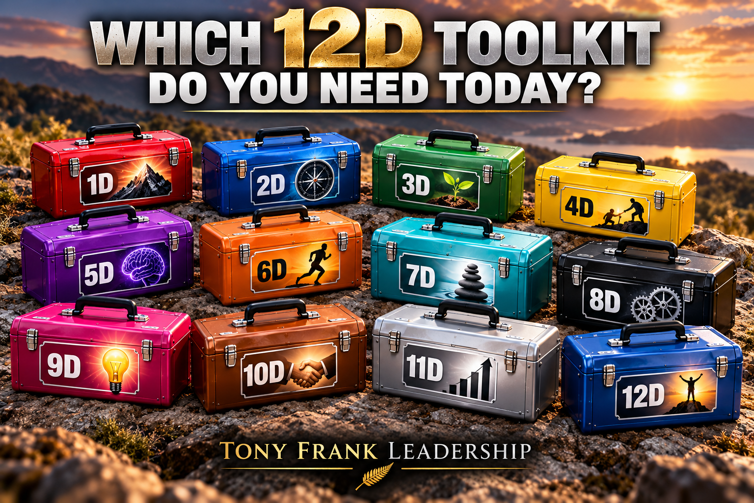 Colorful Toolkits labeled with different 'D' numbers, such as 1D, 2D, 3D, 4D, 5D, 6D, 7D, 8D, 9D, 10D, 11D, and 12D, arranged outdoors on rocky terrain during a sunset, with a logo and author's name, Tony Frank Leadership, at the bottom.