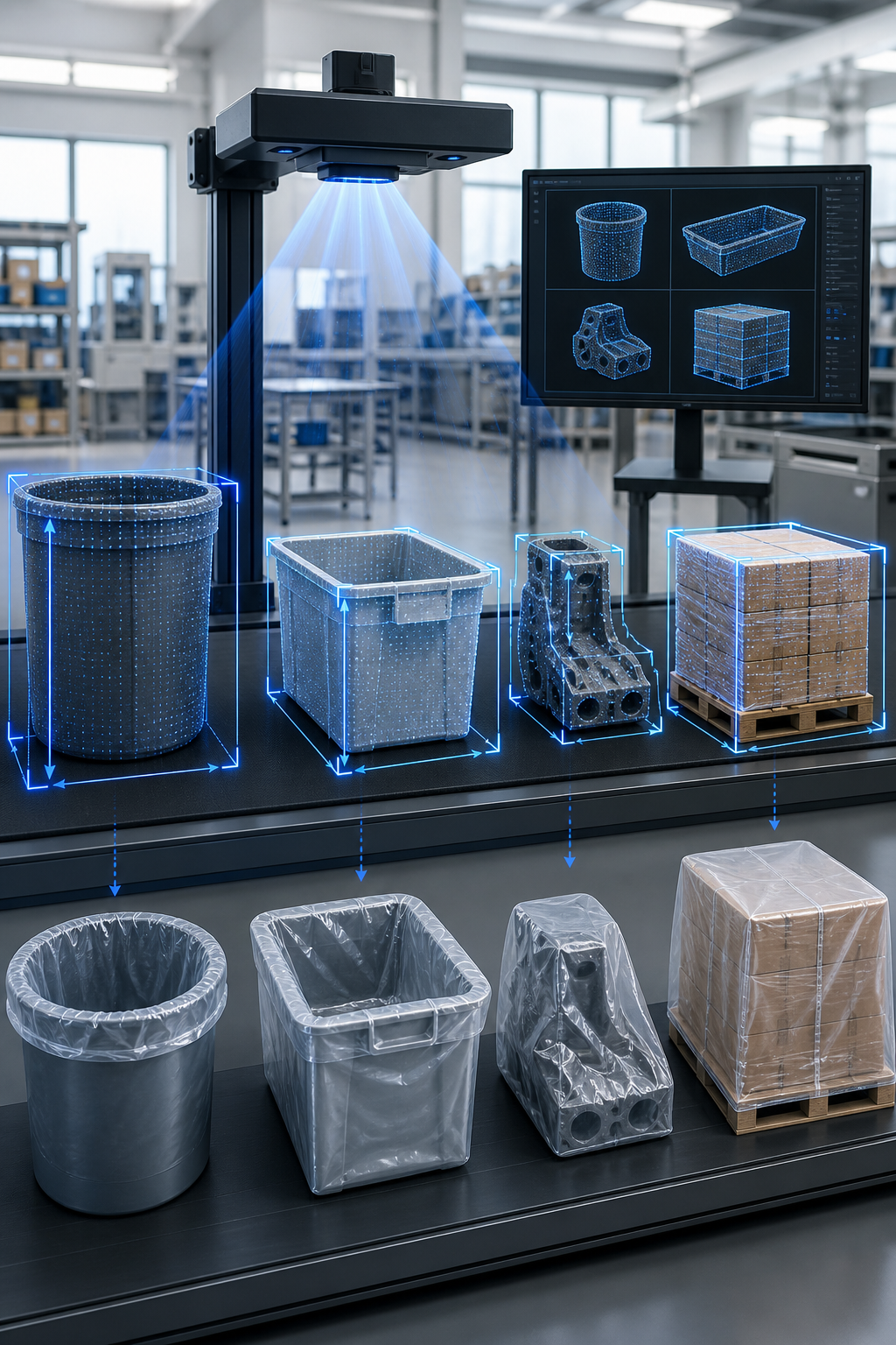 Plastic IQ dimensional scanning system measuring diverse objects and matching fitted plastic solutions