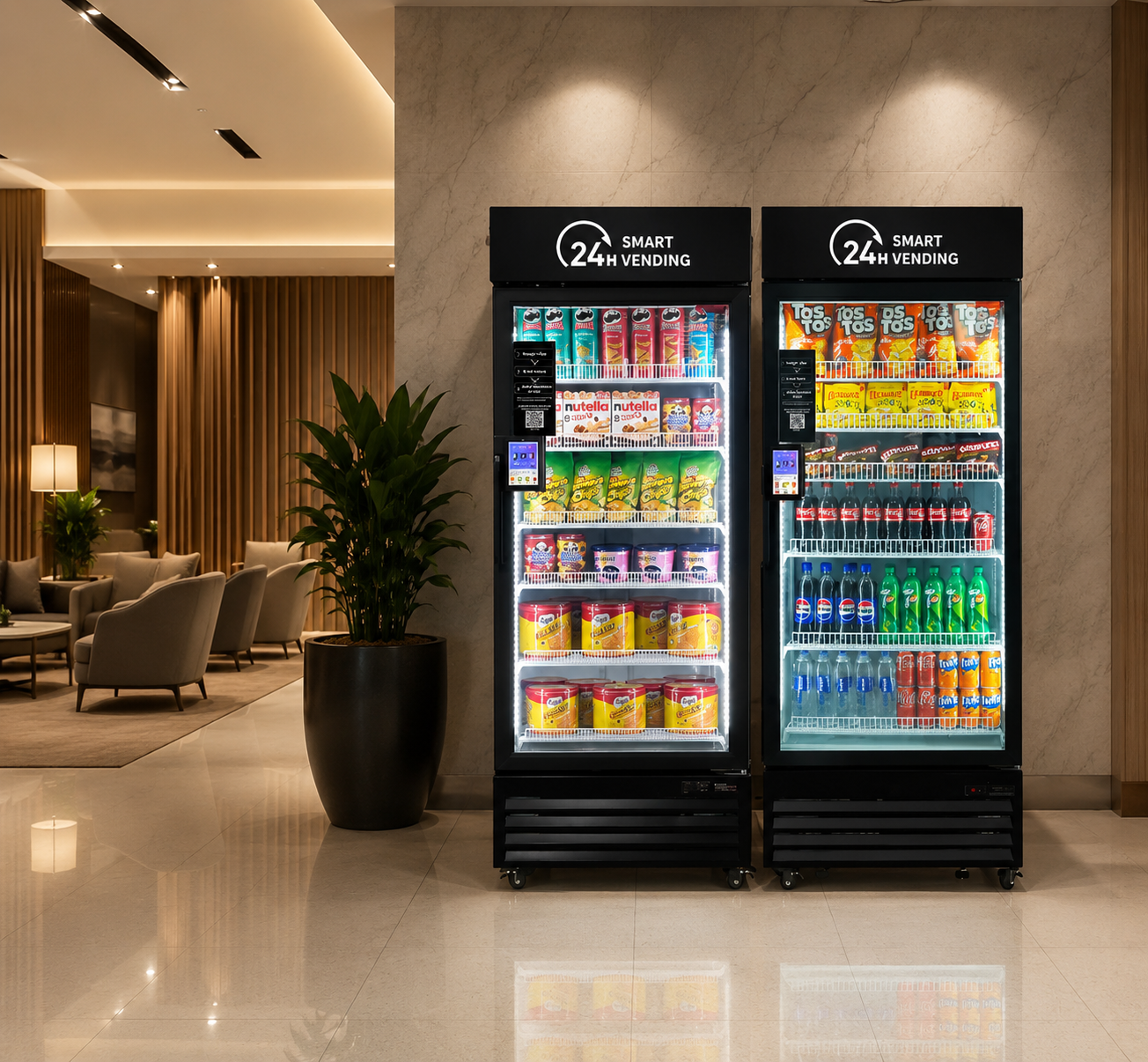 AI vending machine with cold drinks and snacks in a Palm Beach County business lobby