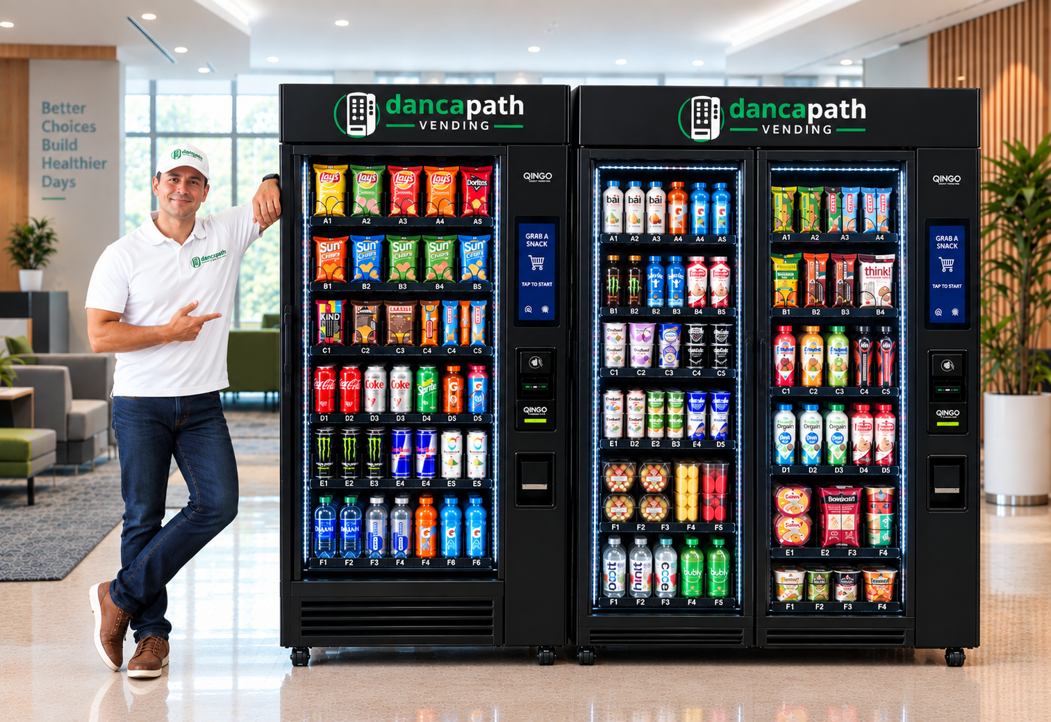Danny, owner-operator of Dancapath Vending, beside a Dancapath Vending machine